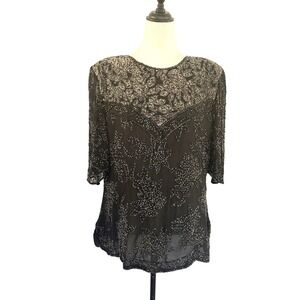 VTG Silk & Velvet Odeon Black Beaded Sequined Top Blouse NYE Holiday Party Sz 14